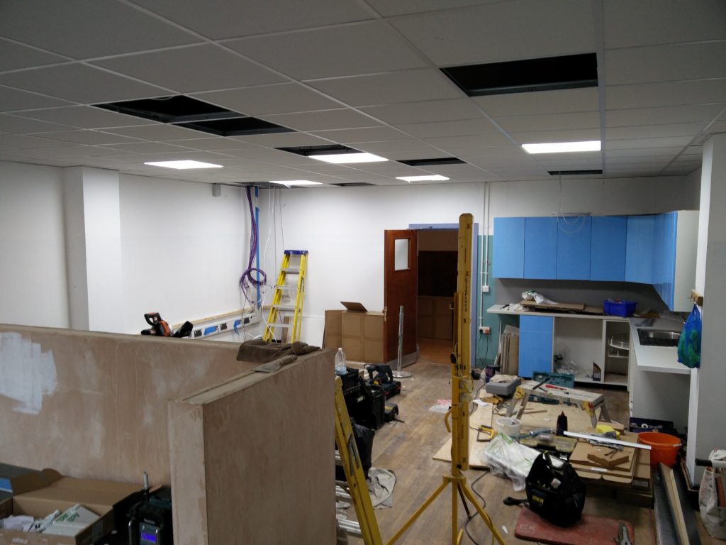 Looking out of the staffroom, towards the kitchen area