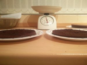 A sideways view of the cake quarters