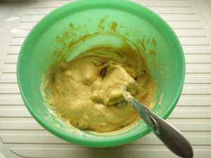 All of the ingredients needed for the cake have been mixed together