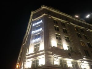 The Strand Palace Hotel sign from outside the restaurant