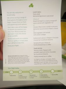 The lunch menu and information about when food and drinks would be served during the flight