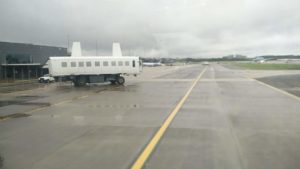 A view of the transportation shuttles on the tarmac