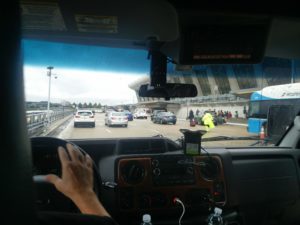 A view from the front window of the minibus at the arrivals area at Washington Dulles Airport