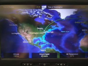 The flight map showing statistics on our approach to Washington Dulles Airport