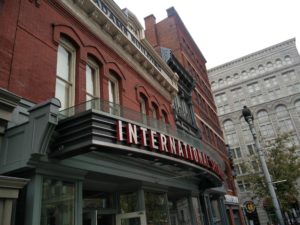 Part of the entrance to the International Spy Museum, showing the word "International"