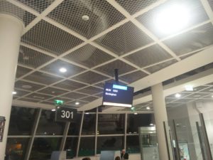 A screen at the boarding gate at Dublin Airport showing our flight details