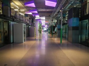 The opposite end of the Plexal building, and the view from it down a corridor