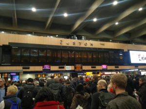 The departure boards at London Euston station showing nothing
